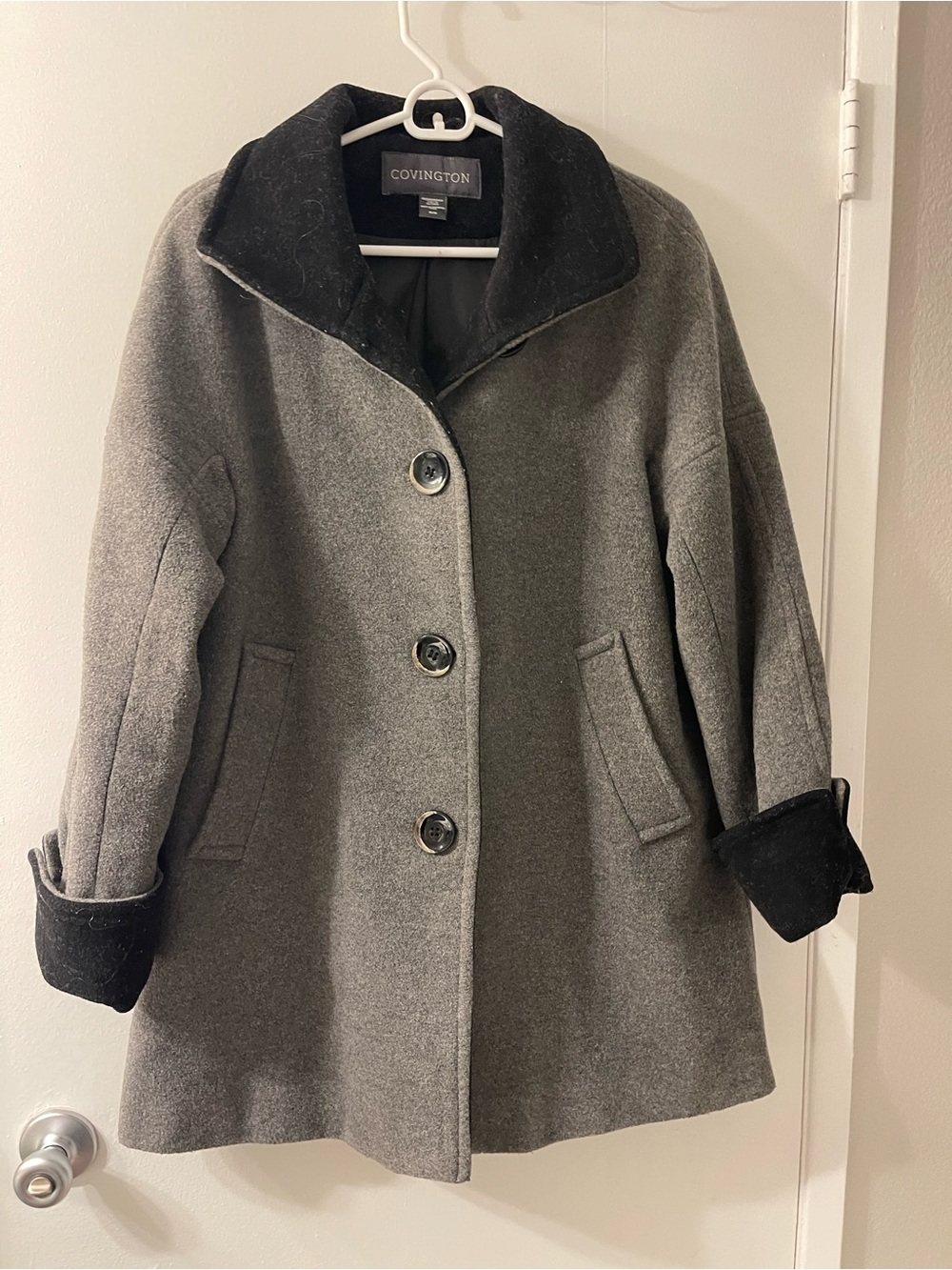 Covington Gray Wool-Blend Pea Coat with Black Trim